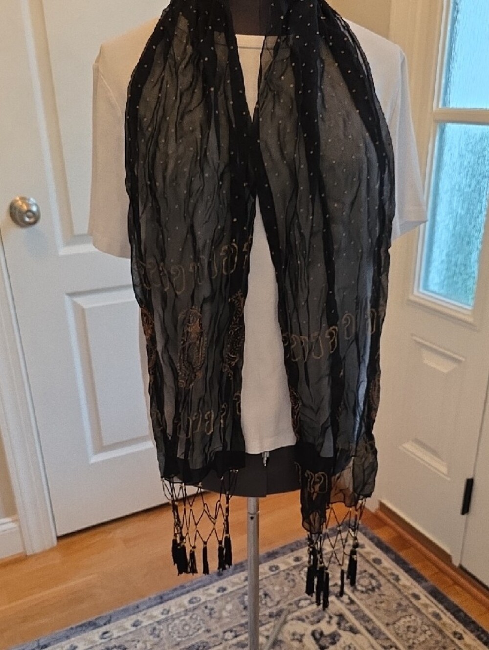 Black Polka Dot Fringe Scarf with Gold Accent - Unbranded - Picture 2 of 6